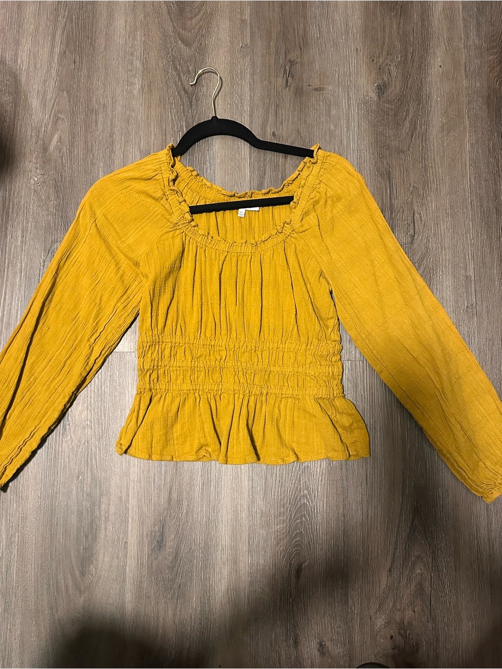 Yellow Smocked Peplum Long-Sleeve Top XS